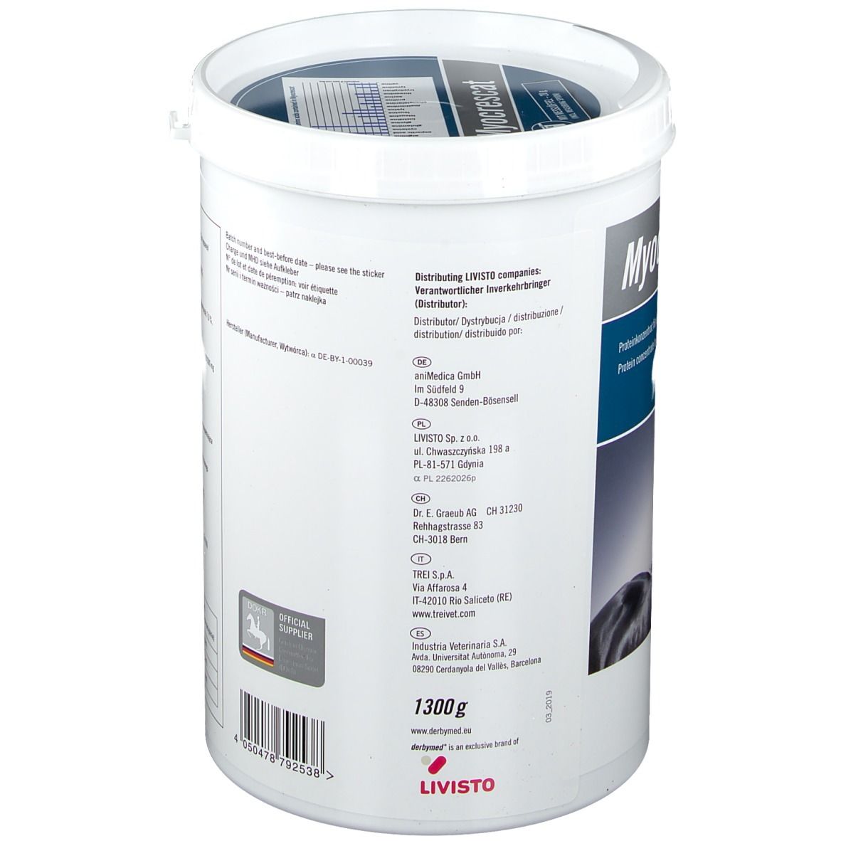 Weißer Eimer mit Produktinformationen und 1300g. Enthält Kontaktinformationen des Herstellers und Distributeurs.