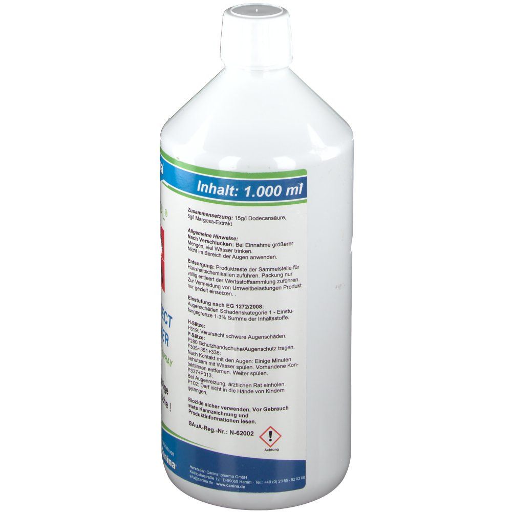 Rückseite der weißen Flasche. Beschriftung mit Inhaltsangabe und Warnhinweisen. Aufschrift: Inhalt: 1.000 ml.