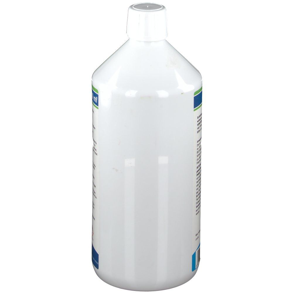 Weiße Flasche mit weißem Schraubverschluss. Seitliche Ansicht. Beschriftung nicht erkennbar.