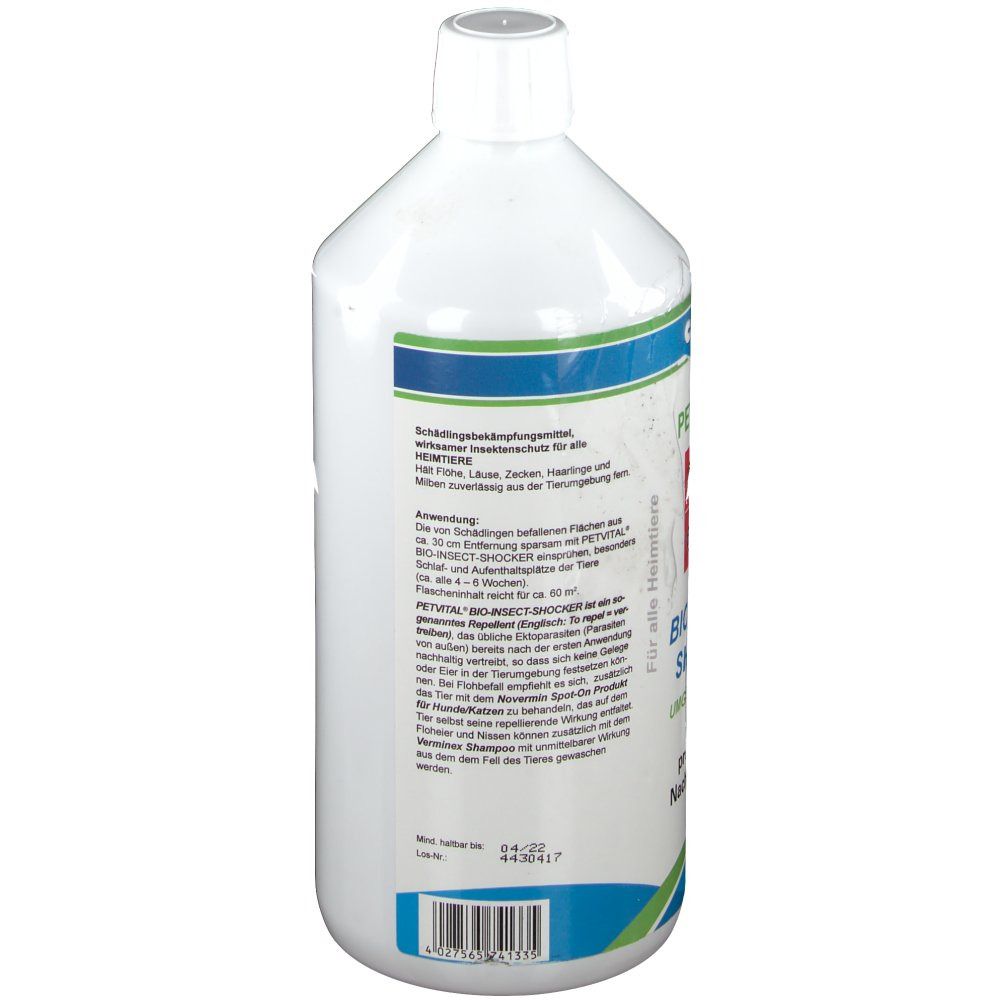 Rückseite der weißen Flasche. Beschriftung mit Produktinformationen und Warnhinweisen. Barcode unten.