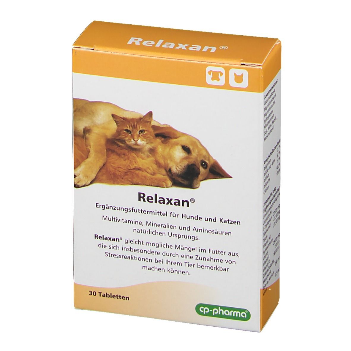 Verpackung von Relaxan® Tabletten. Vorderansicht mit Hund und Katze. 30 Tabletten. cp-pharma Logo.