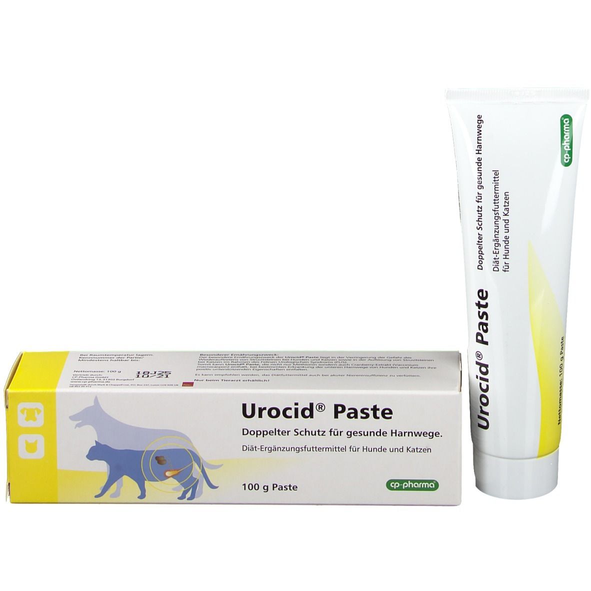 Urocid® Paste Tube und Schachtel. Tube und Schachtel mit Text und Logo. Schachtel mit Abbildung von Hund und Katze.