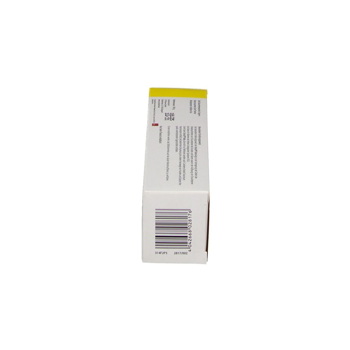 Urocid® Paste Schachtel, Seitenansicht. Gelbe Schachtel mit Text und Barcode. Informationen zur Anwendung.