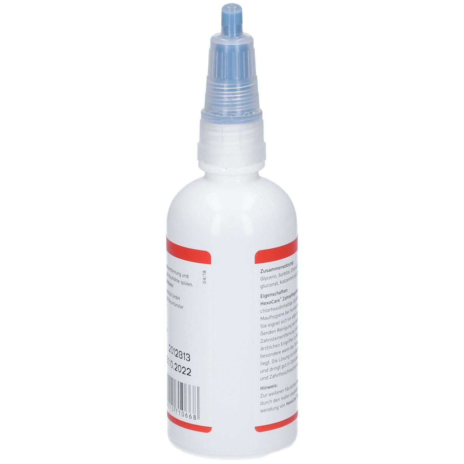 Weiße Flasche mit blauem Sprühkopf. Rückseite mit Text, Inhaltsstoffen und Produktinformationen.