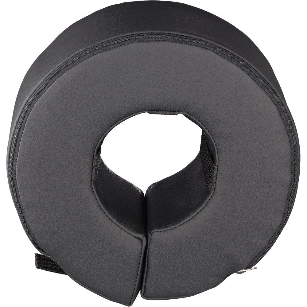 Schwarzer, ringförmiger Nackenkissen. Mit Klettverschluss und Reißverschluss. Oberseite aus Kunstleder.
