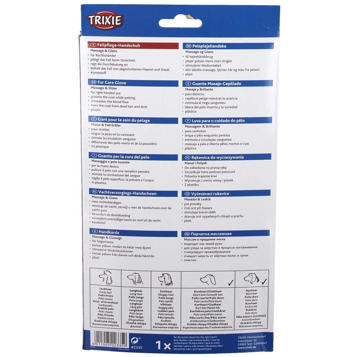 Rückseite der Trixie Fellpflege-Handschuh Verpackung. Text in mehreren Sprachen. Illustrationen von Hunden und Katzen.