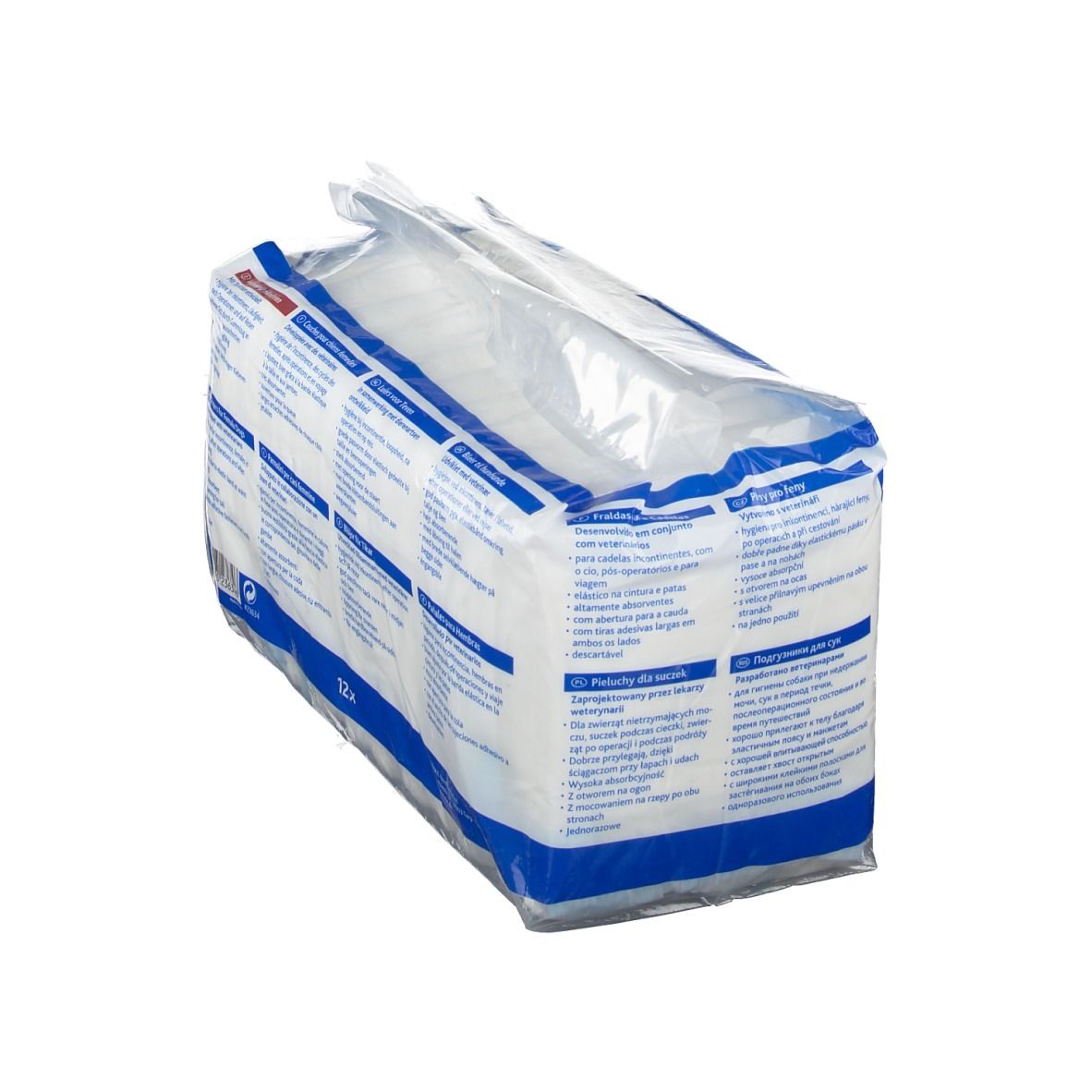 Rückseite der Verpackung Windeln für Hündinnen. Text in mehreren Sprachen. 12 Stück.