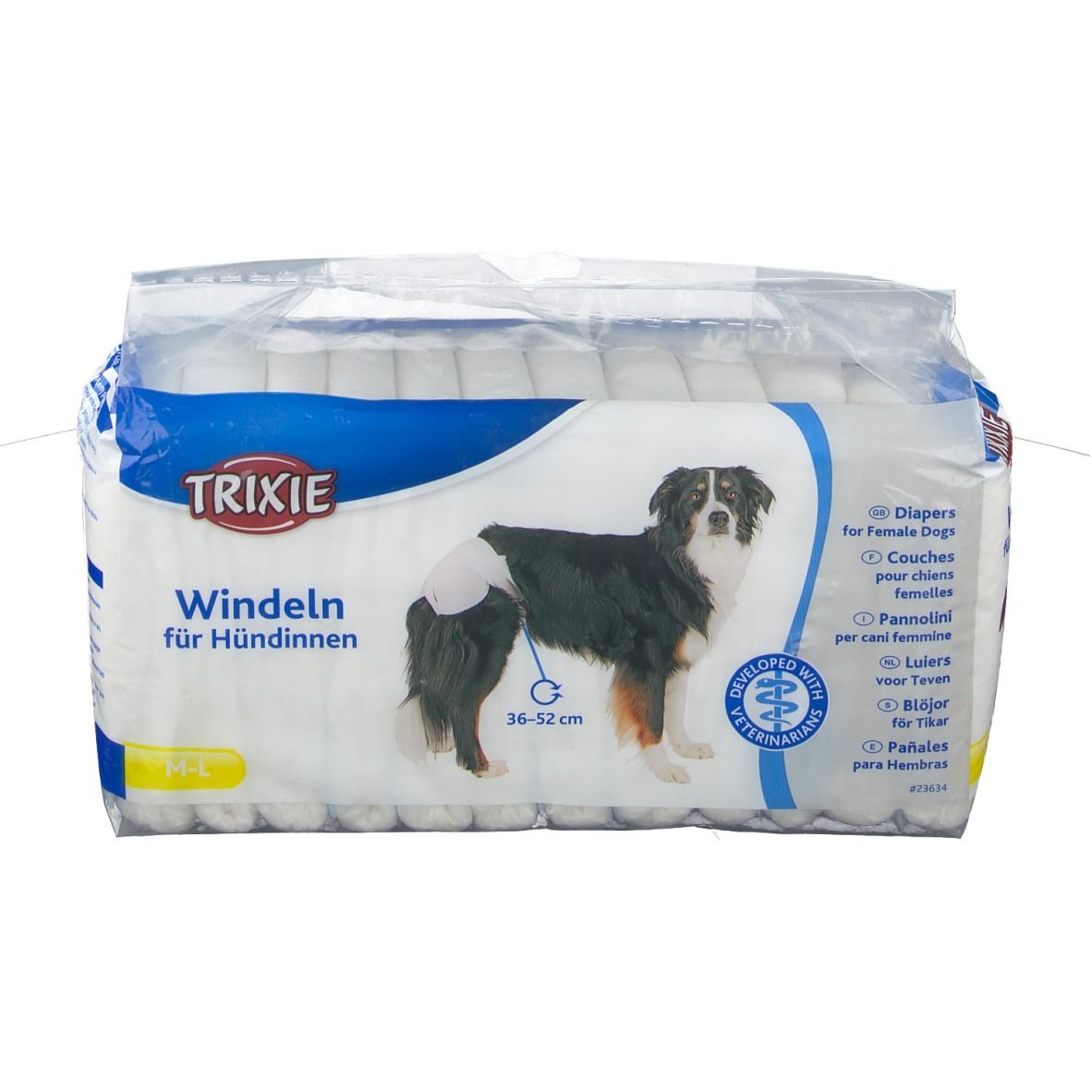 Verpackung Windeln für Hündinnen. Marke Trixie. Abbildung eines Hundes mit Windel. Bauchweite 36-52 cm. 12 Stück.