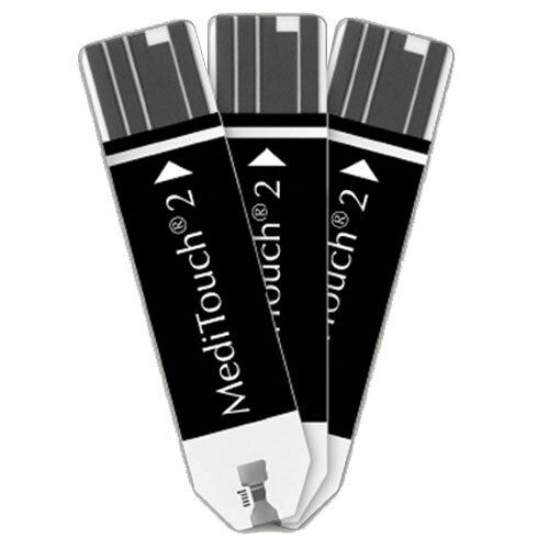 Drei schwarze Teststreifen für Blutzuckermessung. Aufschrift: MediTouch 2.