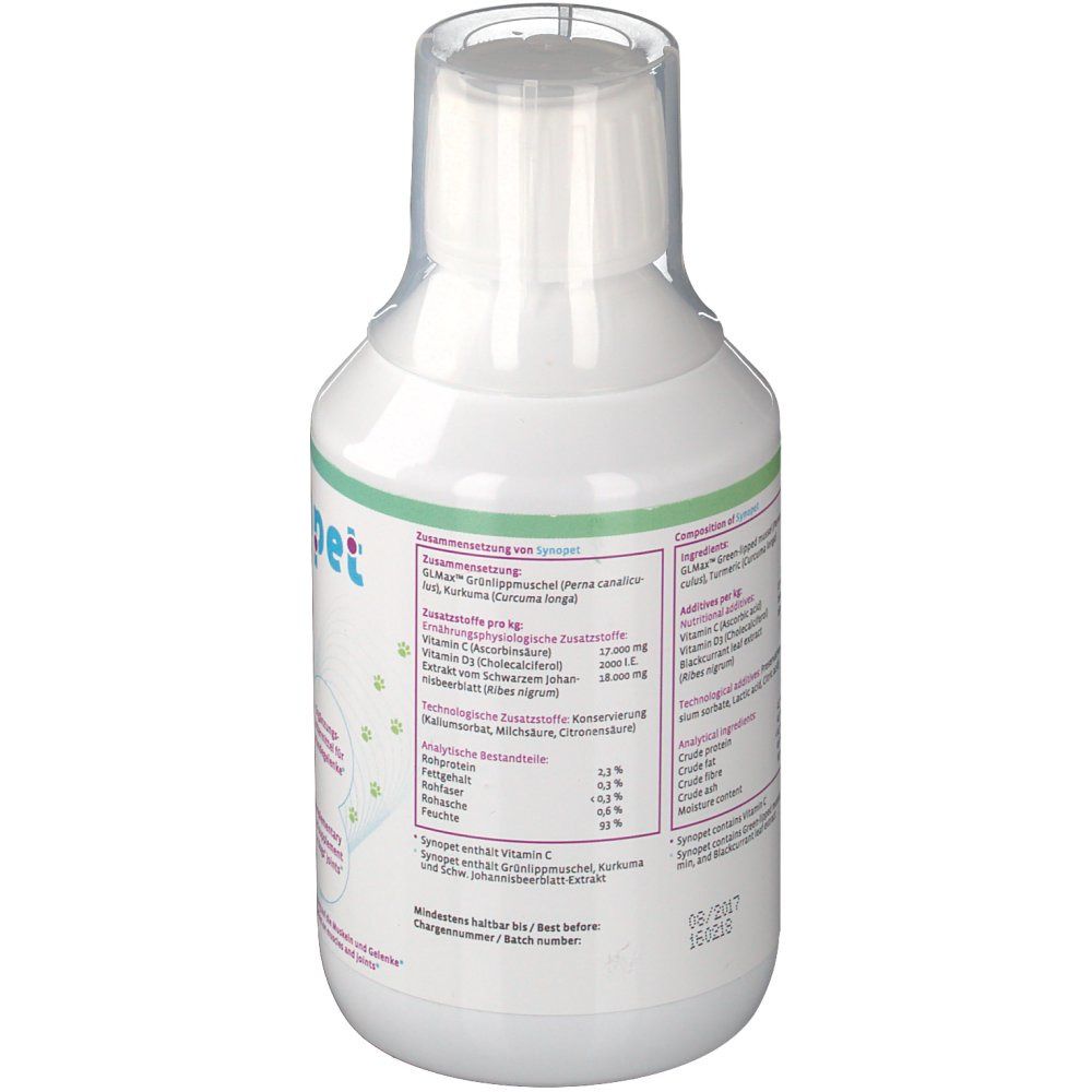 Rückseite der weißen Flasche. Beschriftung mit Inhaltsstoffen und Analyse. Haltbarkeitsdatum und Chargennummer.