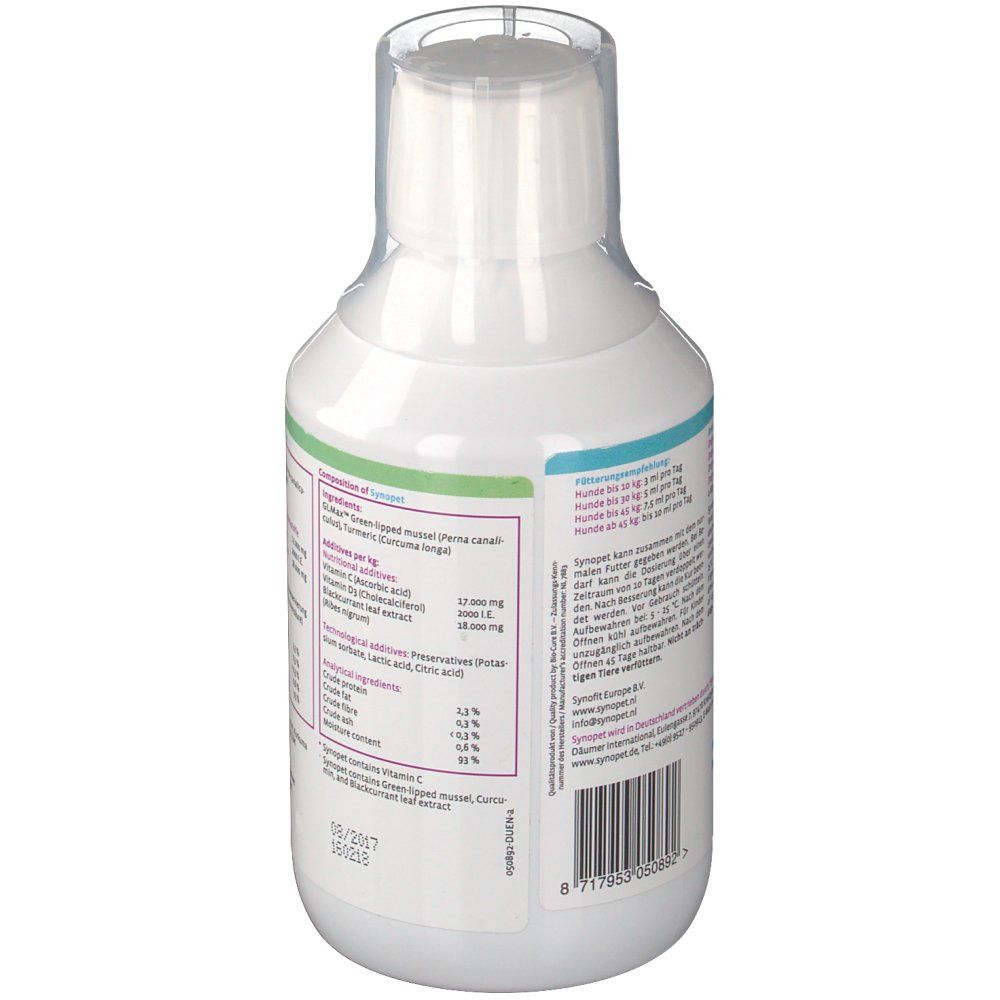 Rückseite der weißen Flasche. Beschriftung mit Inhaltsstoffen und Analyse. Haltbarkeitsdatum und Chargennummer.