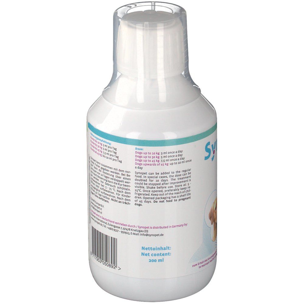 Rückseite der weißen Flasche. Beschriftung mit Dosierungsempfehlung und Inhaltsangabe. Nettoinhalt: 100 ml.