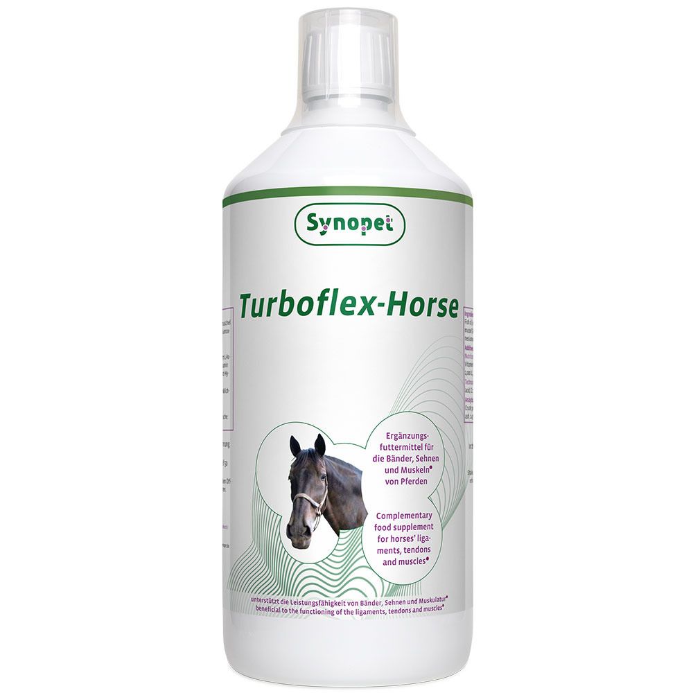 Weiße Flasche mit grünem Deckel und Etikett. Aufschrift: Synopet Turboflex-Horse. Abbildung eines Pferdekopfes.