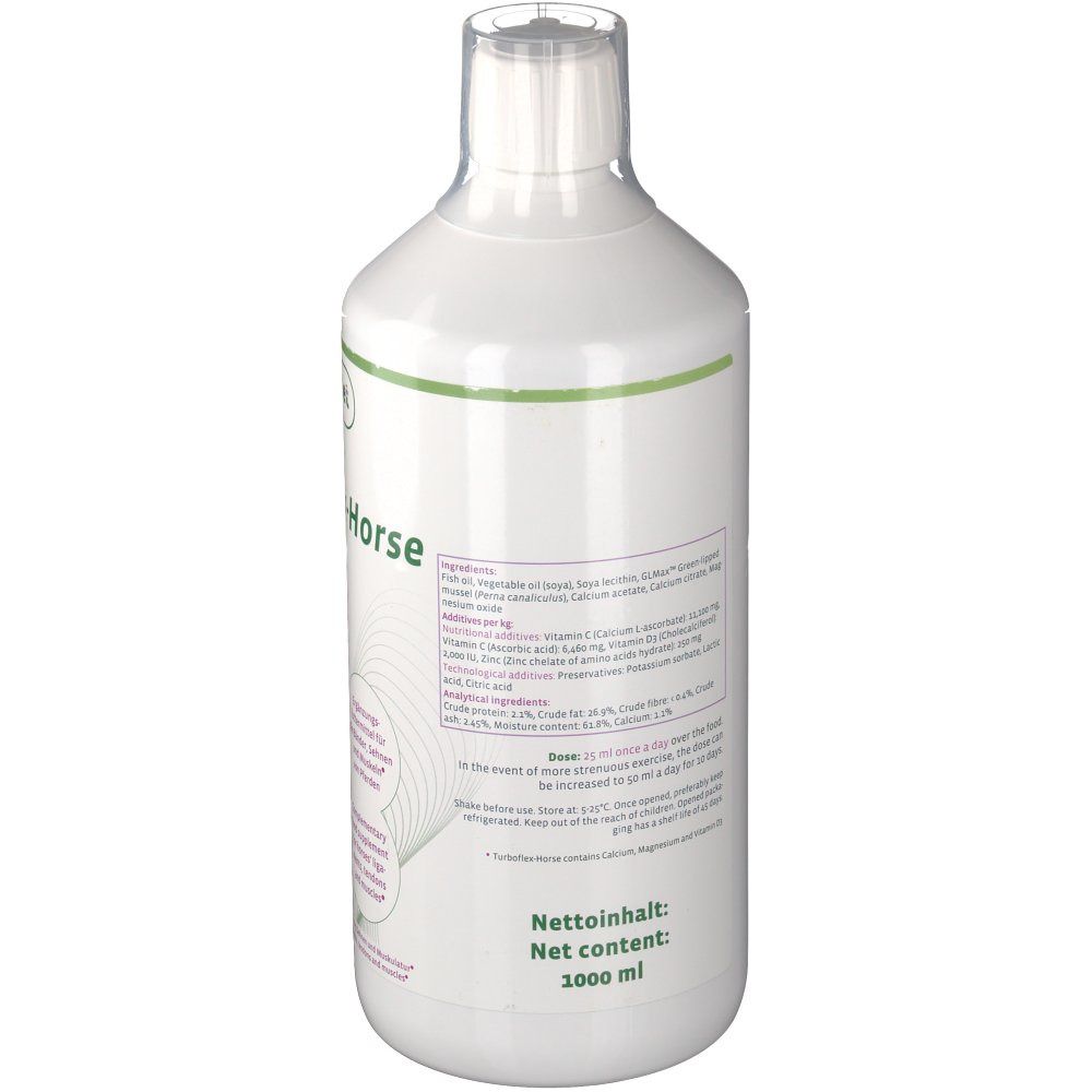 Weiße Flasche mit grünem Deckel. Rückseite mit Text und Inhaltsangabe. Nettoinhalt: 1000 ml.