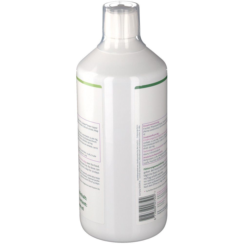 Weiße Flasche mit grünem Deckel. Rückseite mit Text und Barcode. Nettoinhalt: 1000 ml.