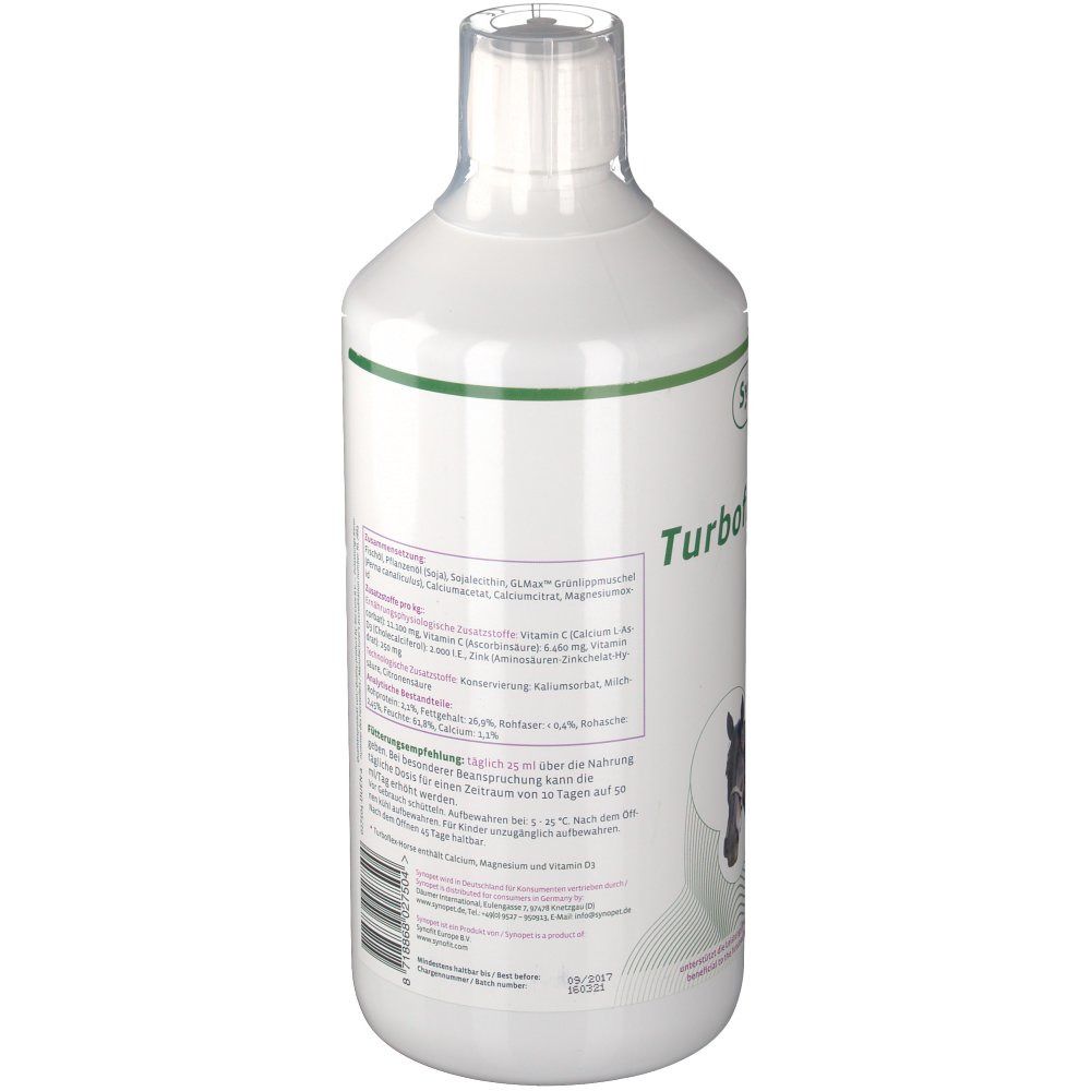 Weiße Flasche mit grünem Deckel. Rückseite mit Text, Barcode und Pferdekopf-Illustration. Nettoinhalt: 1000 ml.