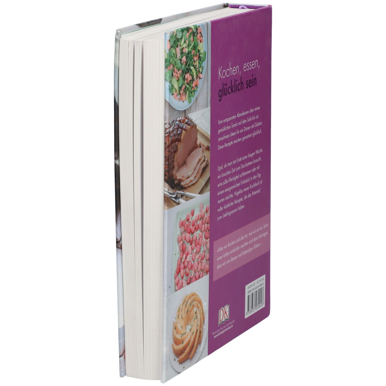 Buch "Nigella Das Glück zu kochen". Rückseite mit Text und Fotos von Gerichten.
