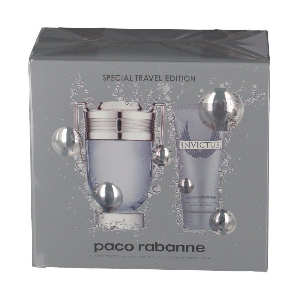 Geschenkset mit Flakon und Tube. Aufschrift: INVICTUS, paco rabanne. Verpackung mit silbernen Kugeln.