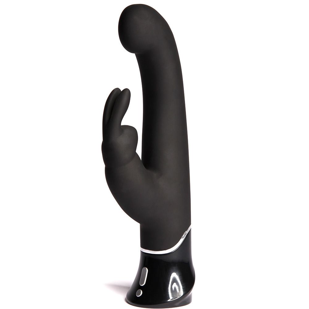 Schwarzer Vibrator mit zwei Stimulatoren und silbernem Akzentring an der Basis.