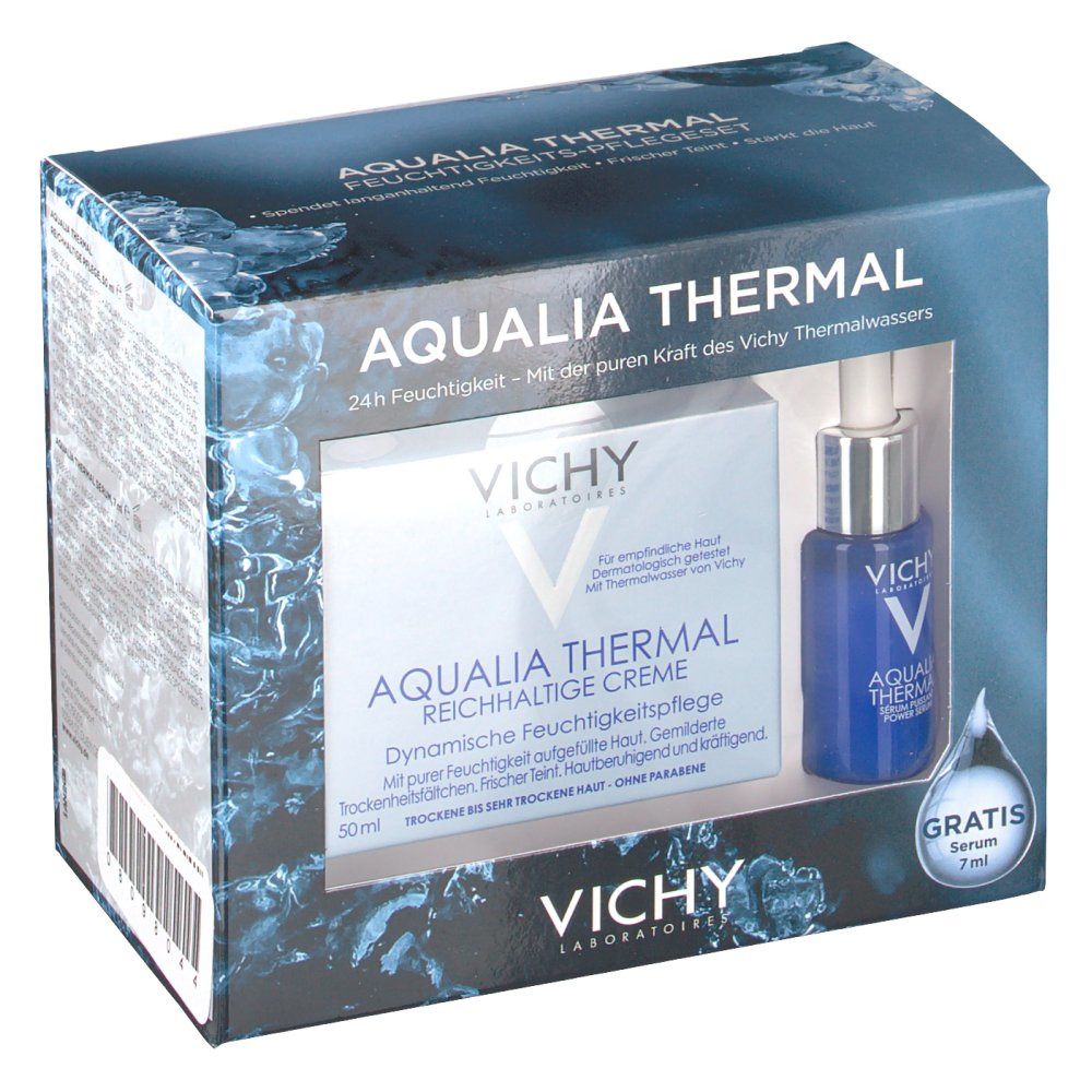 Verpackung mit VICHY Aqualia Thermal Produkten. Enthält Creme und Serum. Blaue und weiße Farbtöne. Text: AQUALIA THERMAL, REICHHALTIGE CREME.