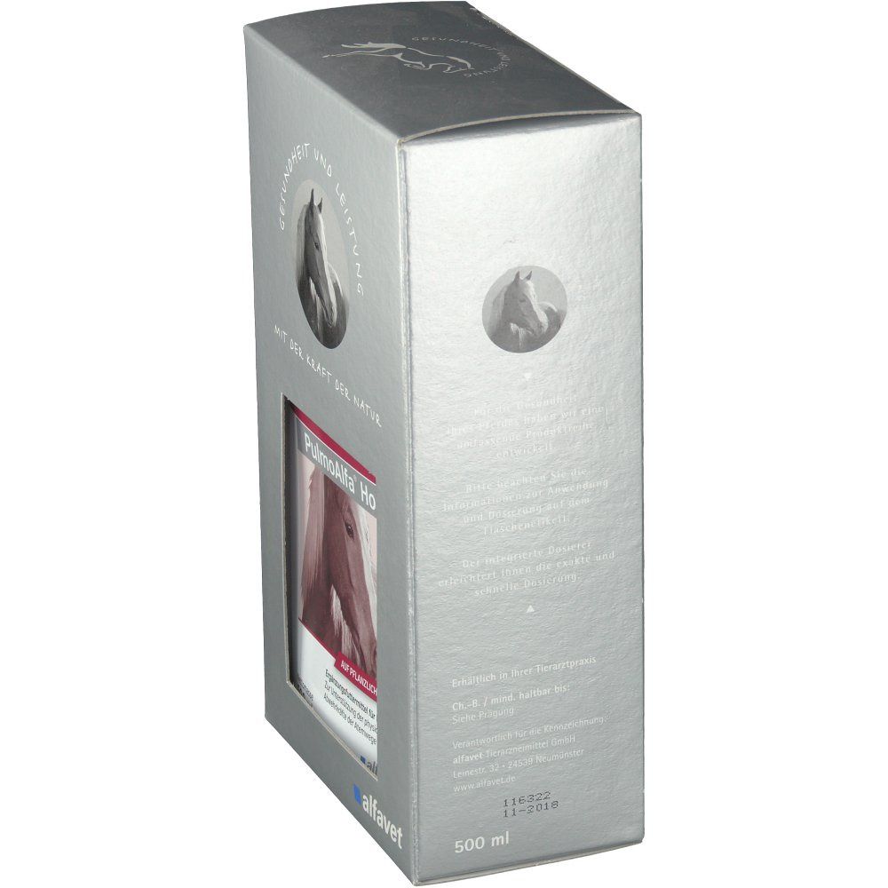 Silberne Verpackung, Seitenansicht. Etikett mit "PulmoAlfa Horse" und Text. "alfavet" Logo und Volumenangabe 500 ml.