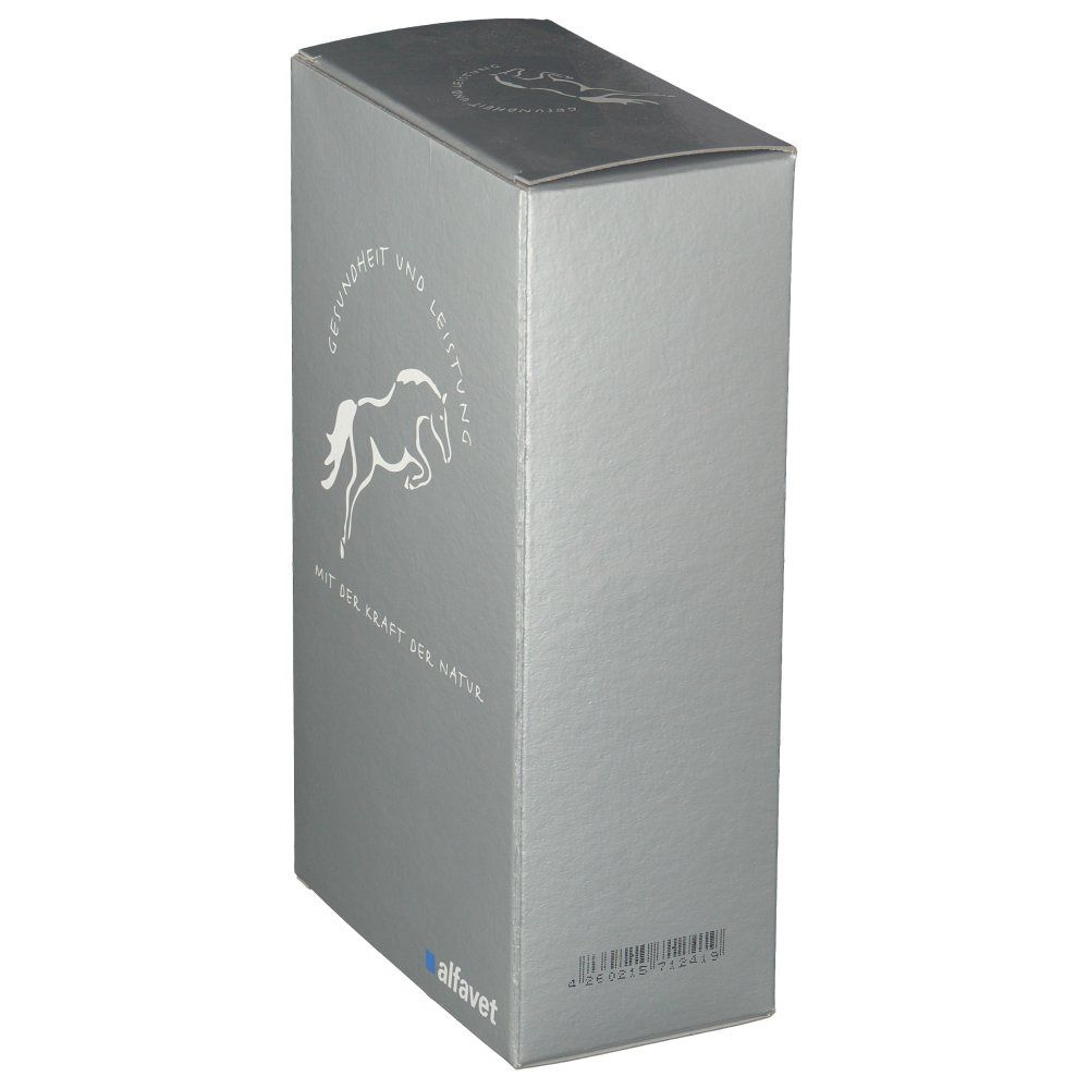 Silberne Verpackung mit Pferde-Logo und Text. "GESUNDHEIT UND LEISTUNG" und "alfavet" Logo. Barcode.