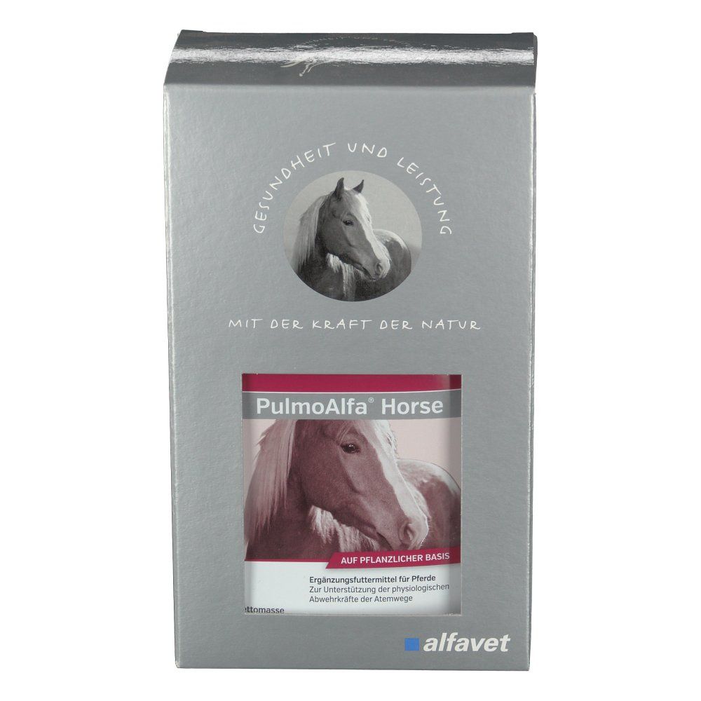 Silberne Verpackung mit "PulmoAlfa Horse" Etikett. Pferdebild und Text. "GESUNDHEIT UND LEISTUNG" und "alfavet" Logo.
