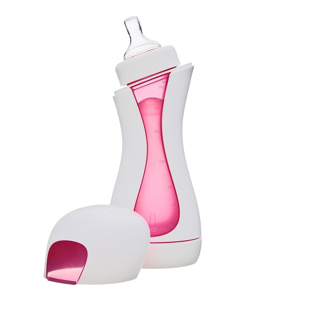 Babyflasche mit Sauger. Weiß-pinkfarben. Sauger oben, Flasche teilweise geöffnet. Rosa Innenbehälter sichtbar.