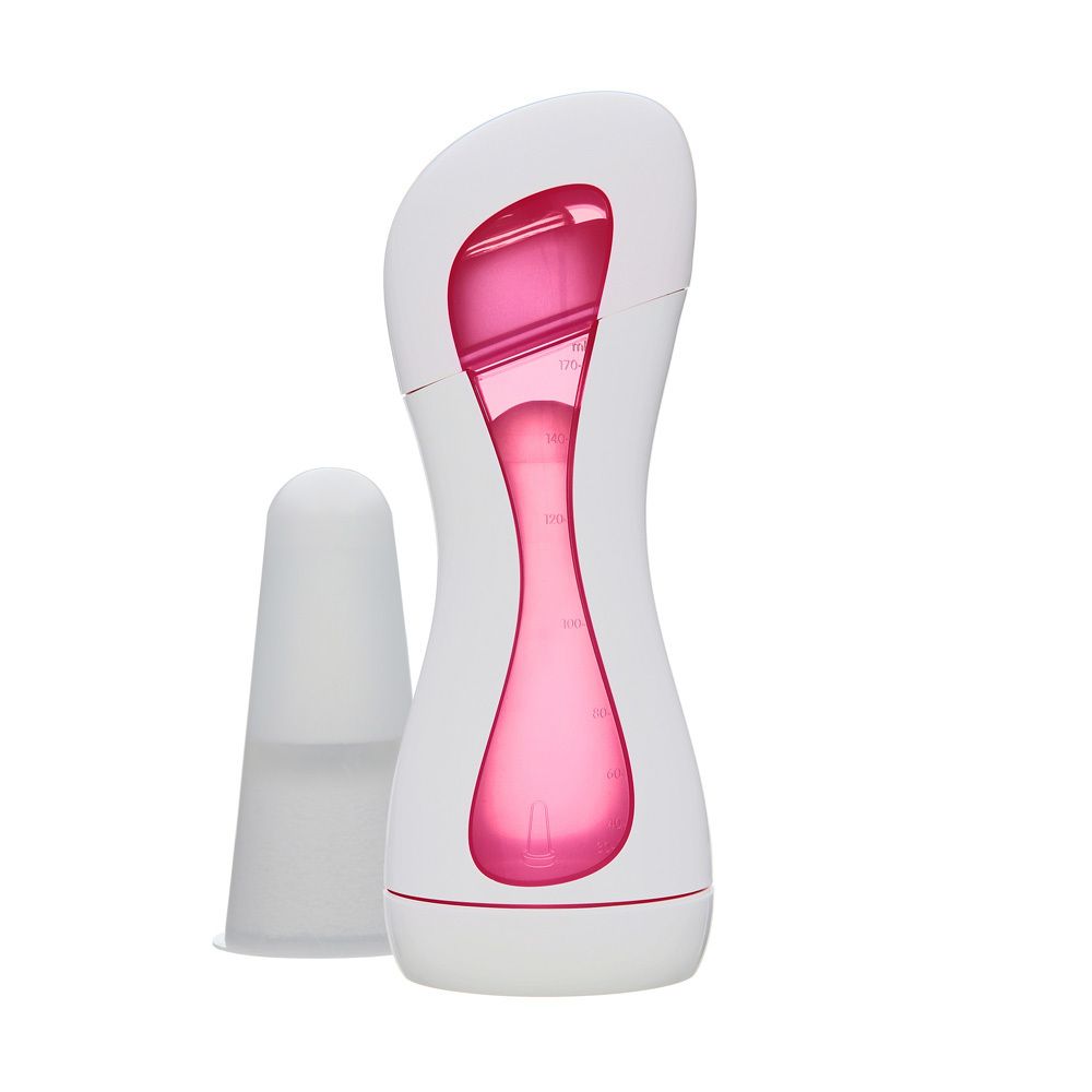 Babyflasche mit Sauger. Weiß-pinkfarben. Sauger separat daneben. Rosa Innenbehälter sichtbar.