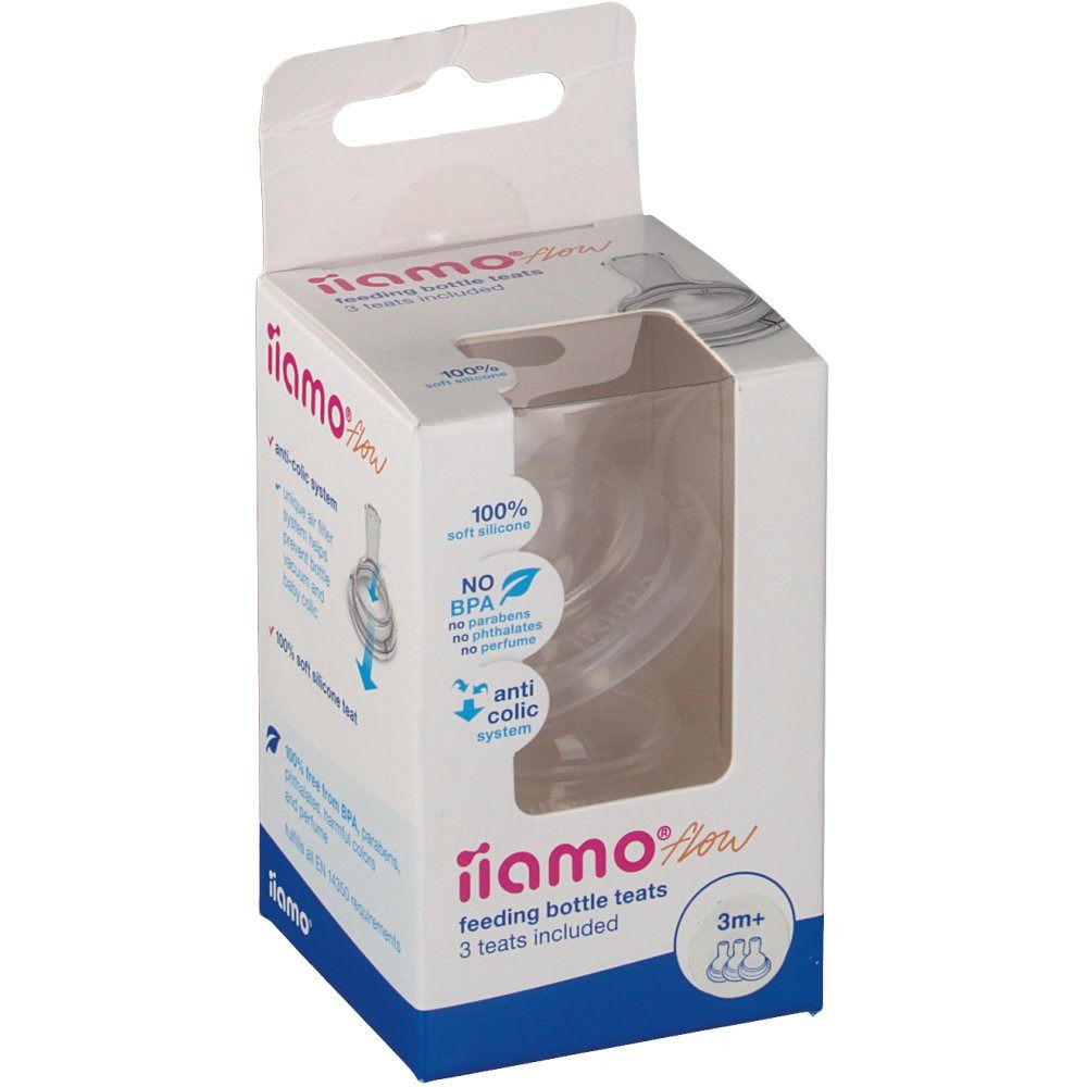 Verpackung mit drei Silikon-Fläschchensauger. Sichtfenster zeigt Produkt. Text: iiamo flow, 3m+, Anti-Kolik.