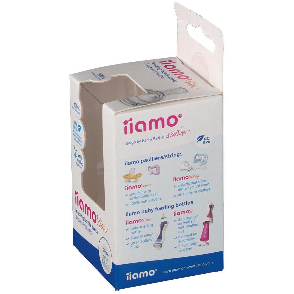 Verpackung mit Produktabbildungen. Text: iiamo, Fläschchensauger, Schnuller, Babyflaschen. Design Karen Rønnest.
