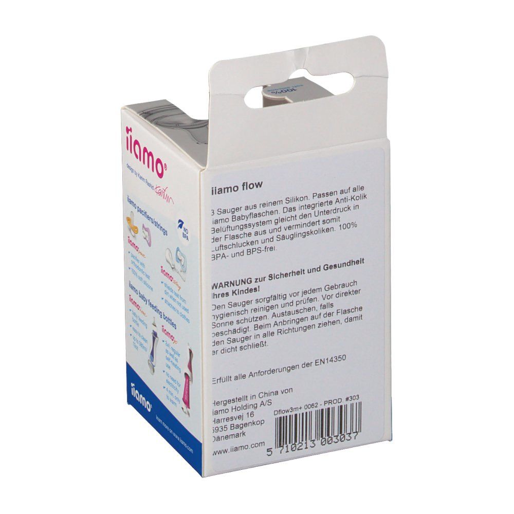 Rückseite der Verpackung. Text: iiamo flow, 3 Sauger aus Silikon. Warnhinweise. EN 14350.