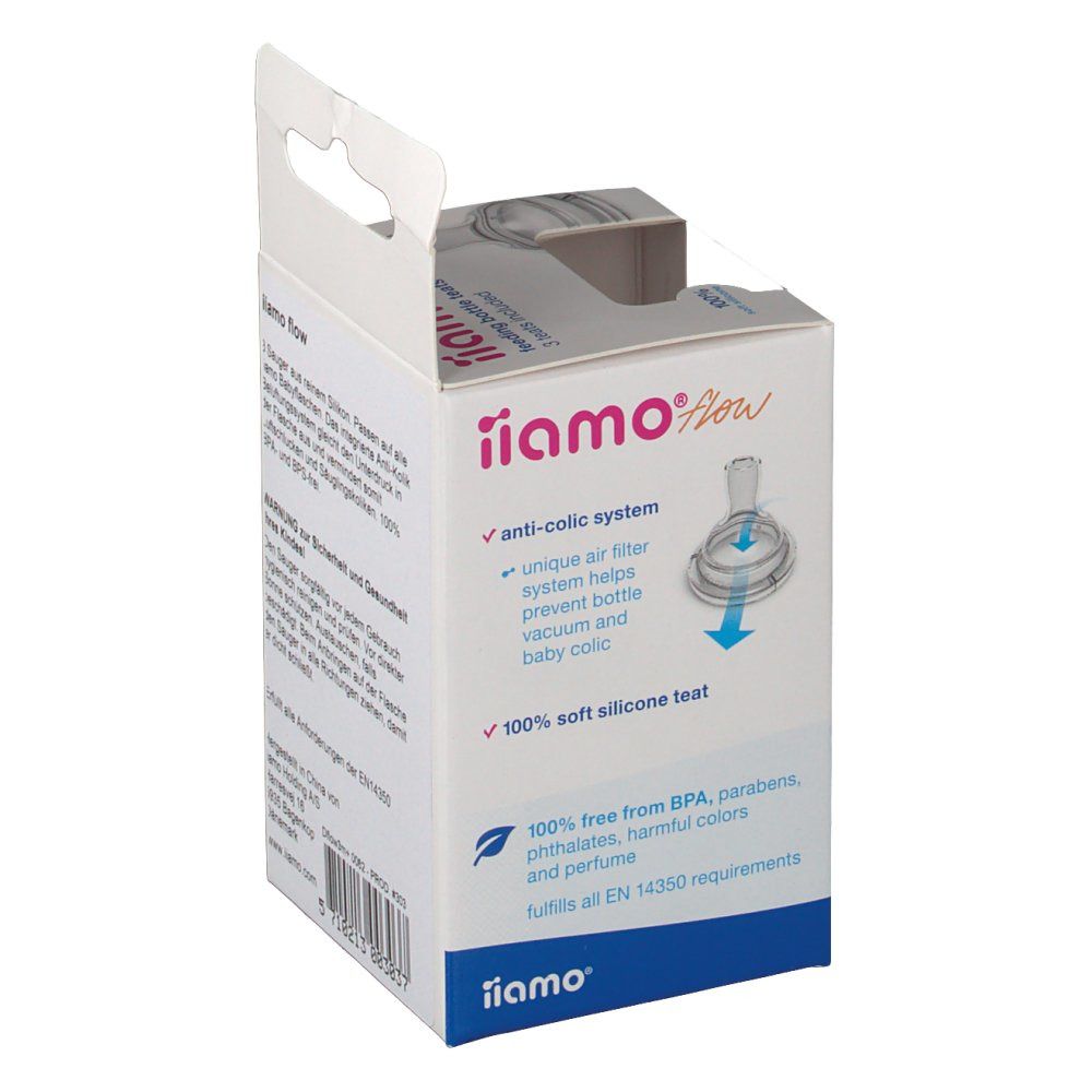 Verpackung mit Produktmerkmalen. Text: iiamo flow, Anti-Kolik-System, 100% weiches Silikon. EN 14350.