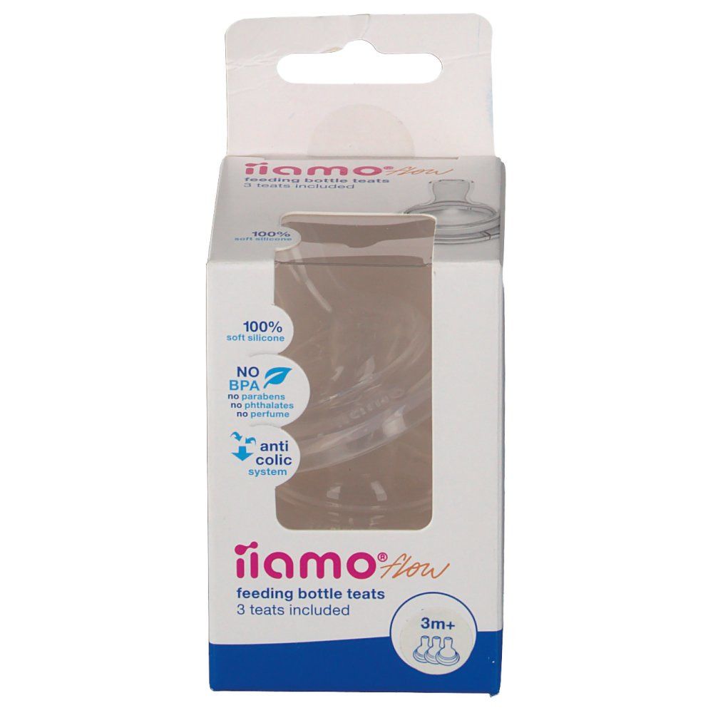 Verpackung mit drei Silikon-Fläschchensauger. Sichtfenster zeigt Produkt. Text: iiamo flow, 3m+, 3 Sauger.