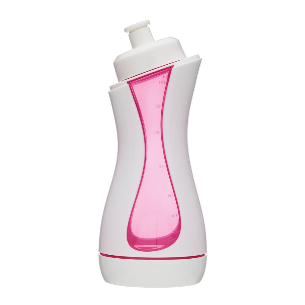 Weiß-pinkfarbene Trinkflasche. Geschwungene Form mit Messskala. Aufsatz mit Trinköffnung. Sport-Trinkflasche.