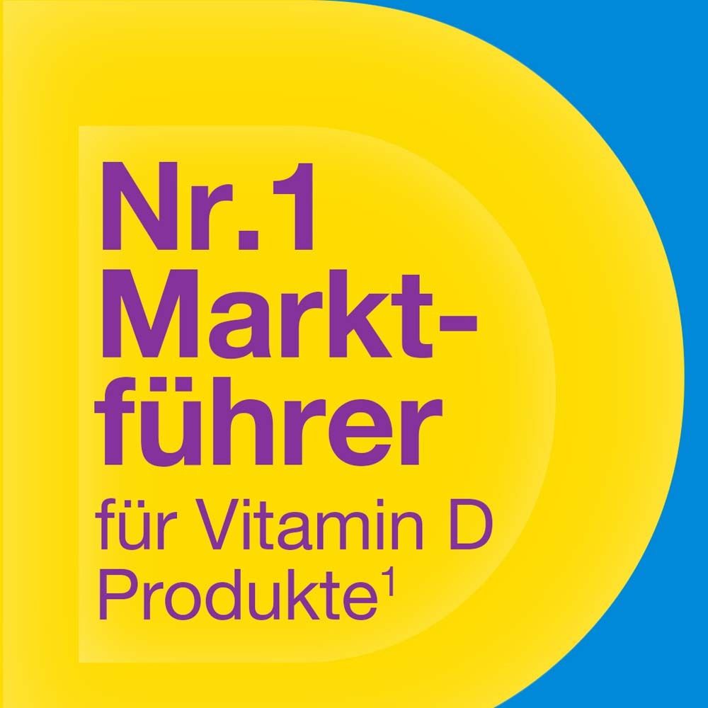 Auszeichnung 'Nr. 1 Marktführer für Vitamin D Produkte' in gelb und blau.