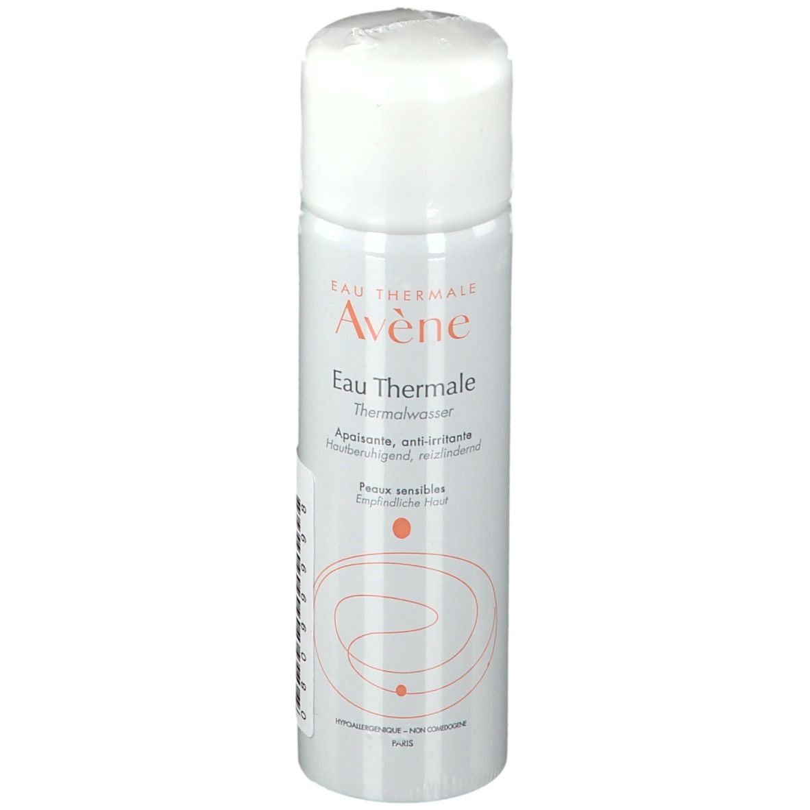 Zylindrische Flasche mit weißem Deckel. Aufschrift: Eau Thermale Avène. Text in Französisch und Deutsch. Orangefarbenes Logo.