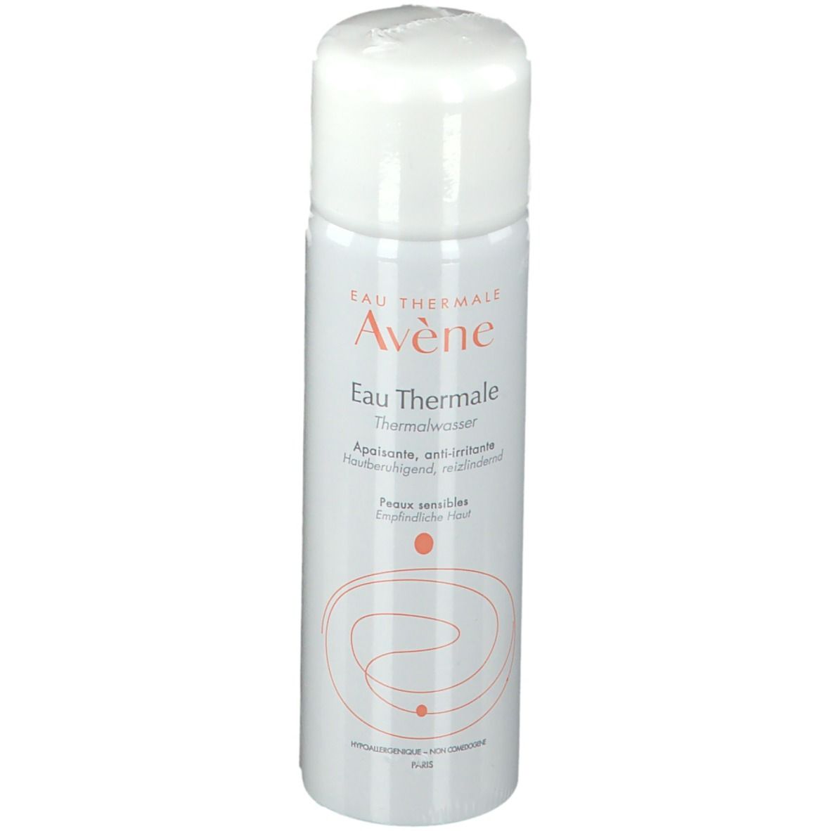 Zylindrische Flasche mit weißem Deckel. Aufschrift: Eau Thermale Avène. Text in Französisch und Deutsch. Orangefarbenes Logo.