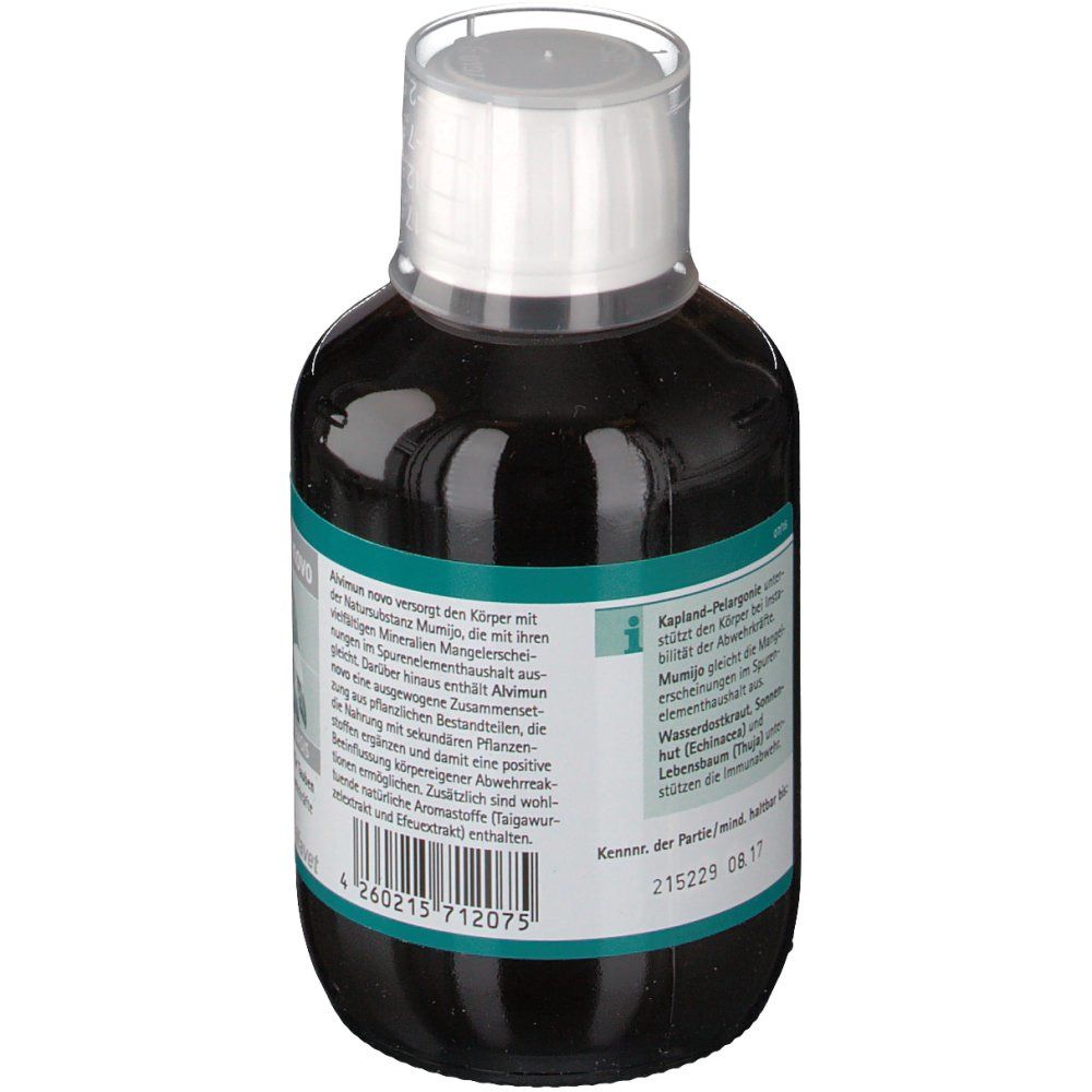 Rückansicht einer Flasche mit brauner Flüssigkeit und weißem Deckel. Etikett mit Text und Barcode.