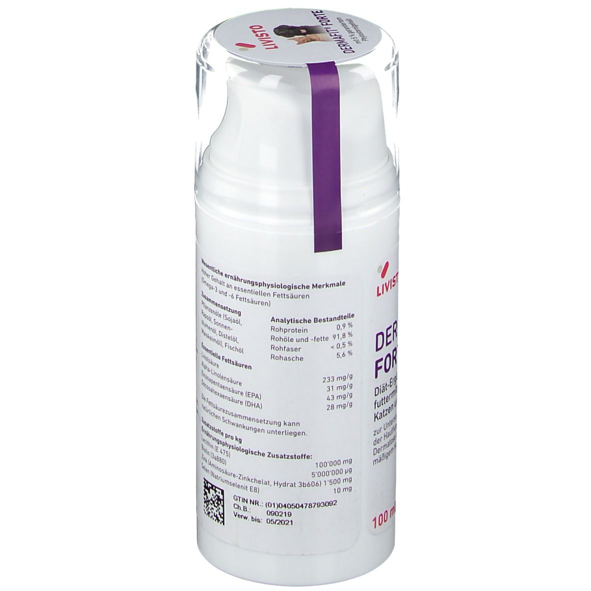 Weiße Flasche mit Dosierpumpe. Rückseite mit Text. Transparente Kappe. Aufschrift: Dermafit forte.