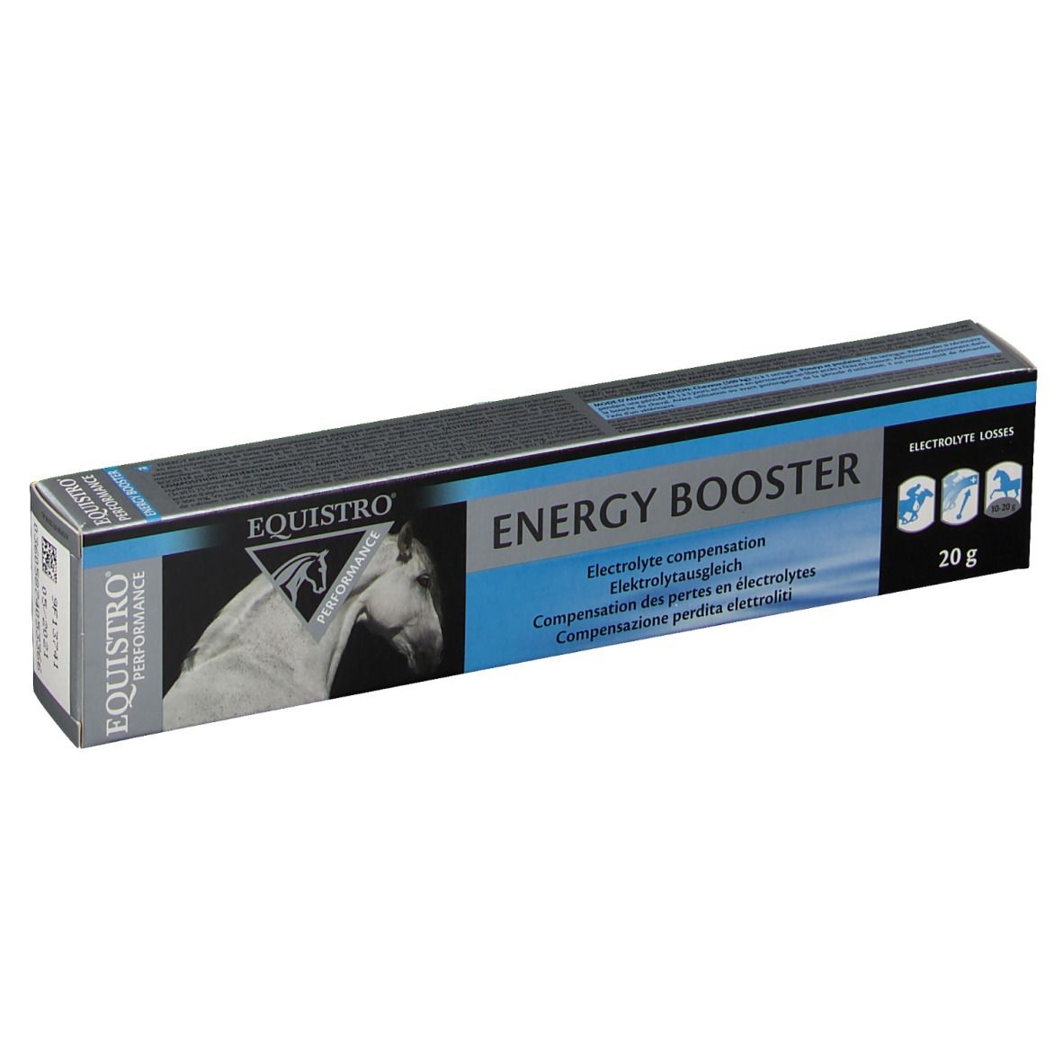 Schachtel Equistro Energy Booster. Text: Elektrolytausgleich. 20 g. Abbildung eines Pferdekopfes.