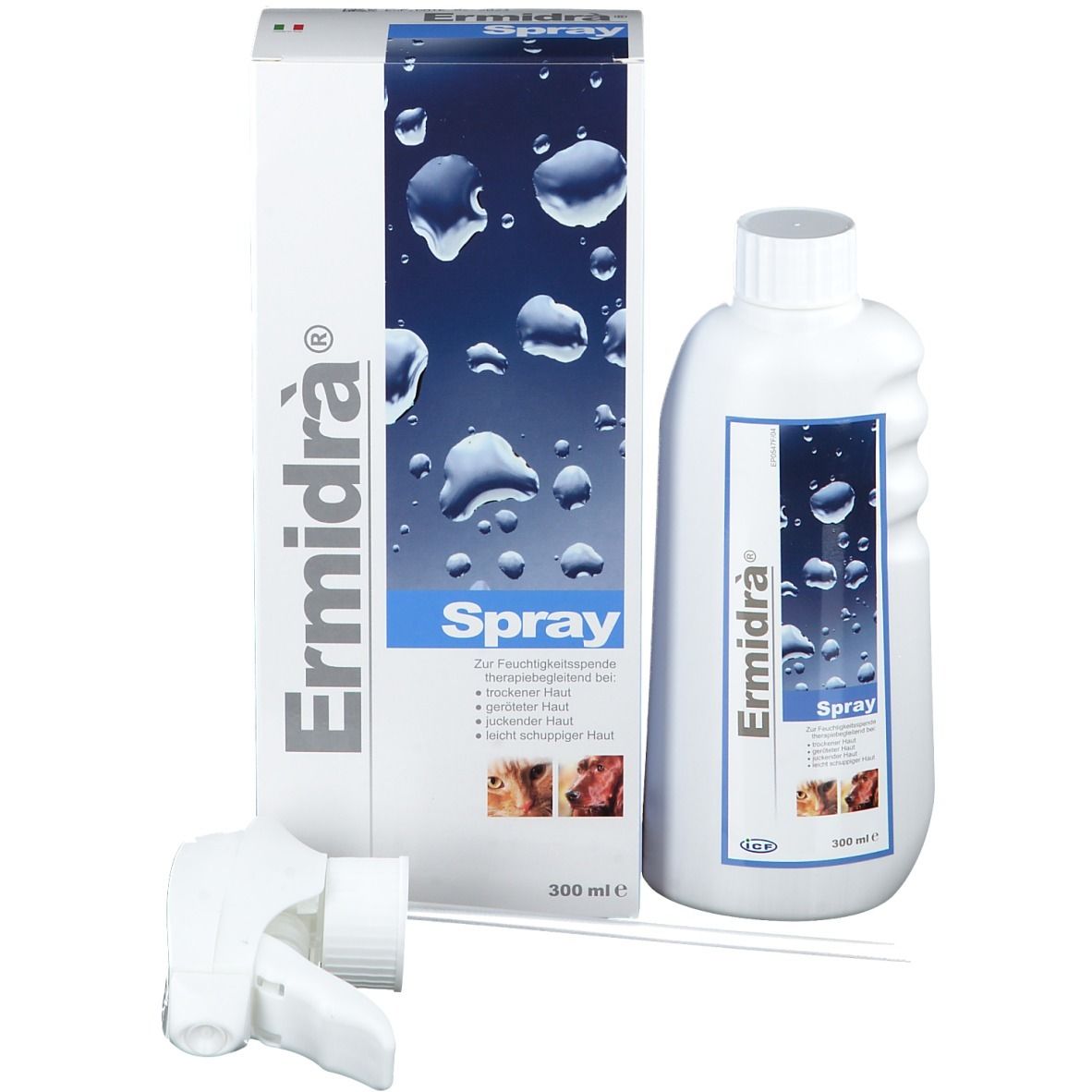 Ermidra® Spray-Produkt mit Verpackung und Sprühkopf. Weiße Flasche und Karton. Produktname und Spray-Schriftzug.