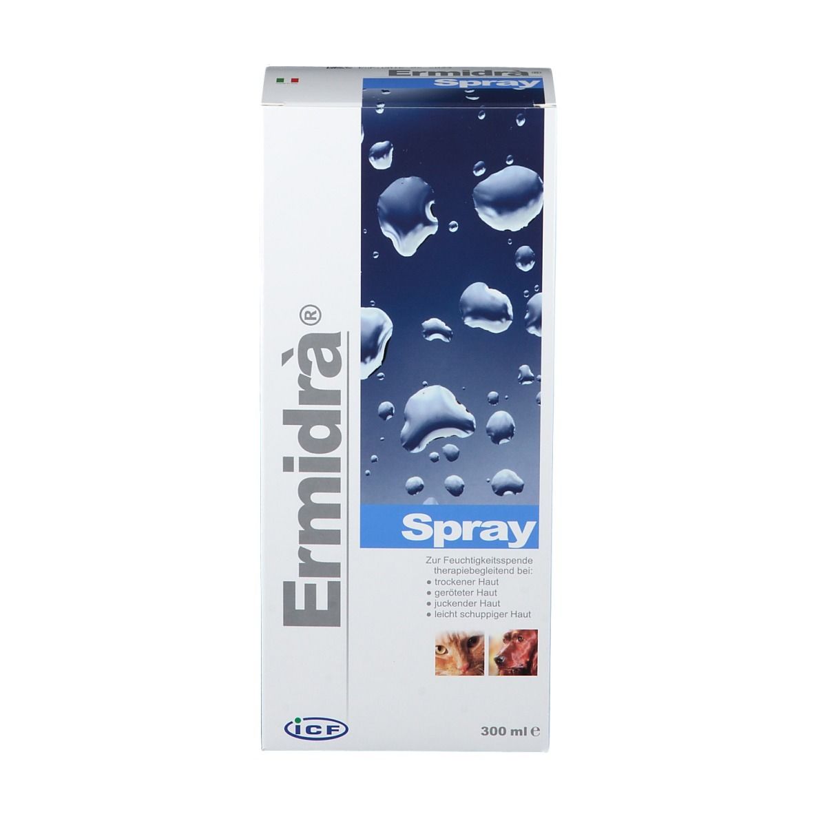 Ermidra® Spray-Verpackung. Weißer Karton mit Produktname und Spray-Schriftzug. Sprühkopf sichtbar.