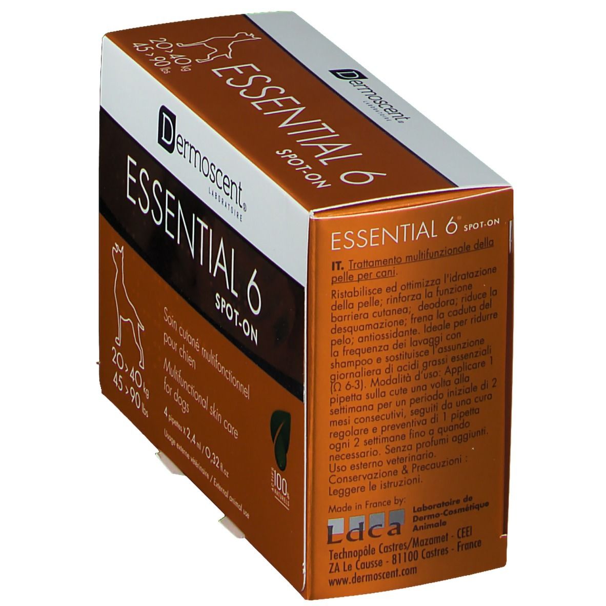 Verpackung mit Produktnamen und Logo. Enthält 4 Pipetten. Gewichtsklasse: 20-40 kg und 45-90 lbs. Text in italienischer Sprache. 