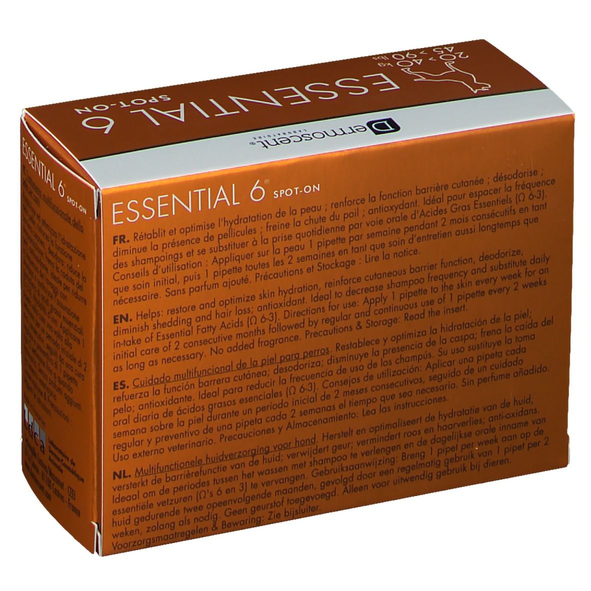 Verpackung mit Produktnamen und Logo. Enthält 4 Pipetten. Gewichtsklasse: 20-40 kg und 45-90 lbs. Text in französischer und englischer Sprache.