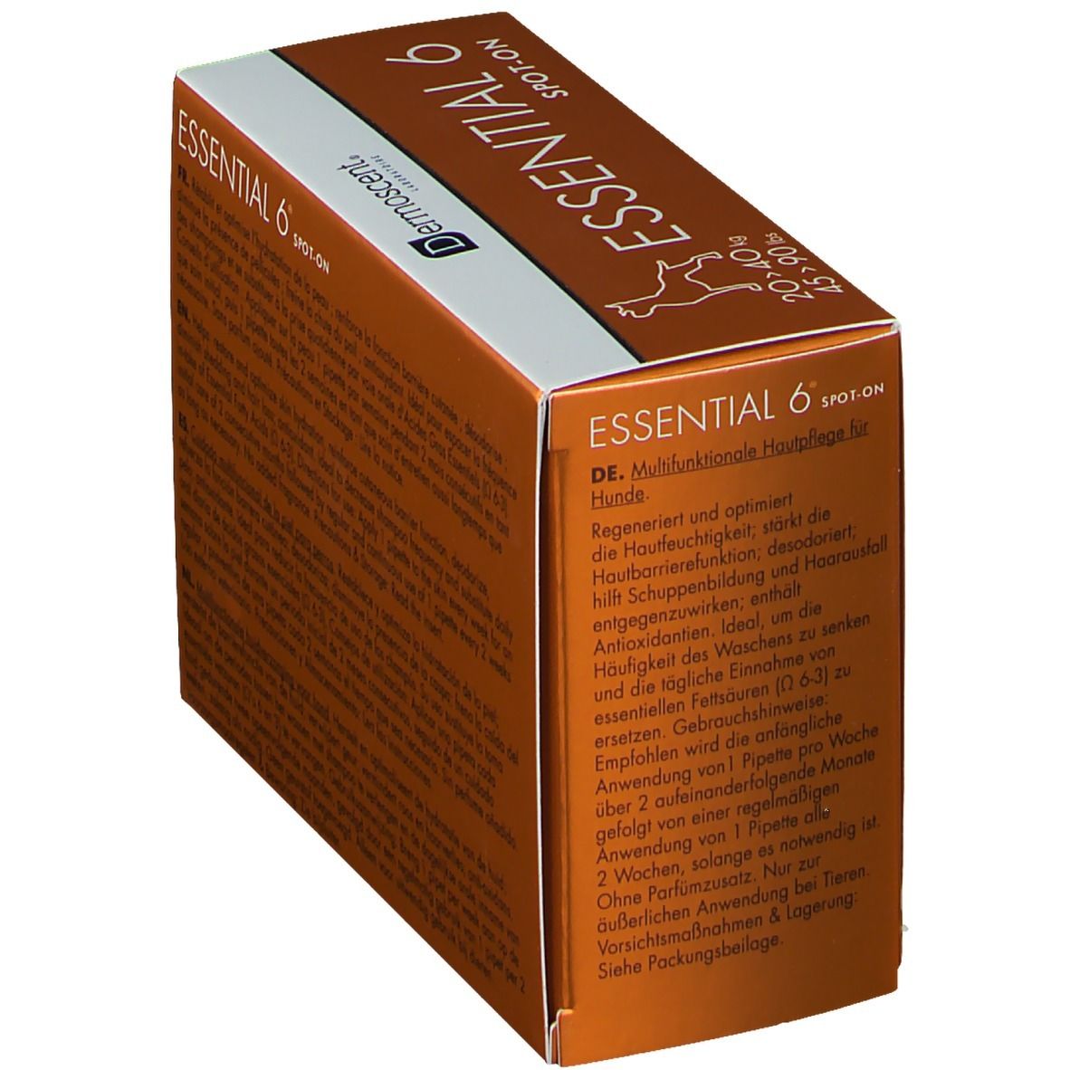 Verpackung mit Produktnamen und Logo. Enthält 4 Pipetten. Gewichtsklasse: 20-40 kg und 45-90 lbs. Text in deutscher Sprache.