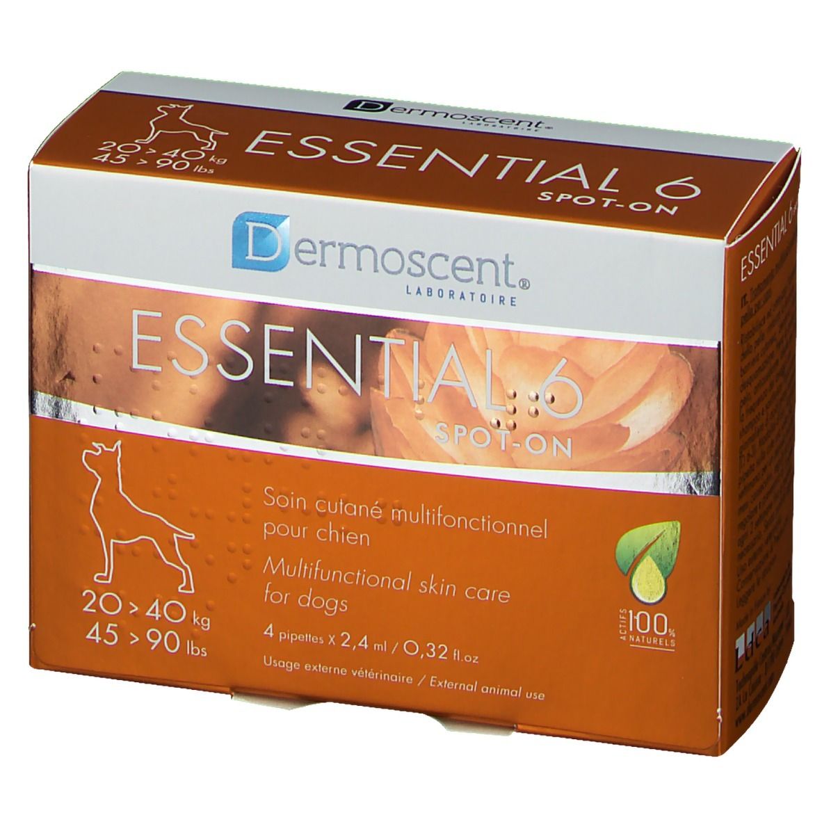 Verpackung mit Produktnamen und Logo. Enthält 4 Pipetten. Gewichtsklasse: 20-40 kg und 45-90 lbs. Grün-gelbes Logo.