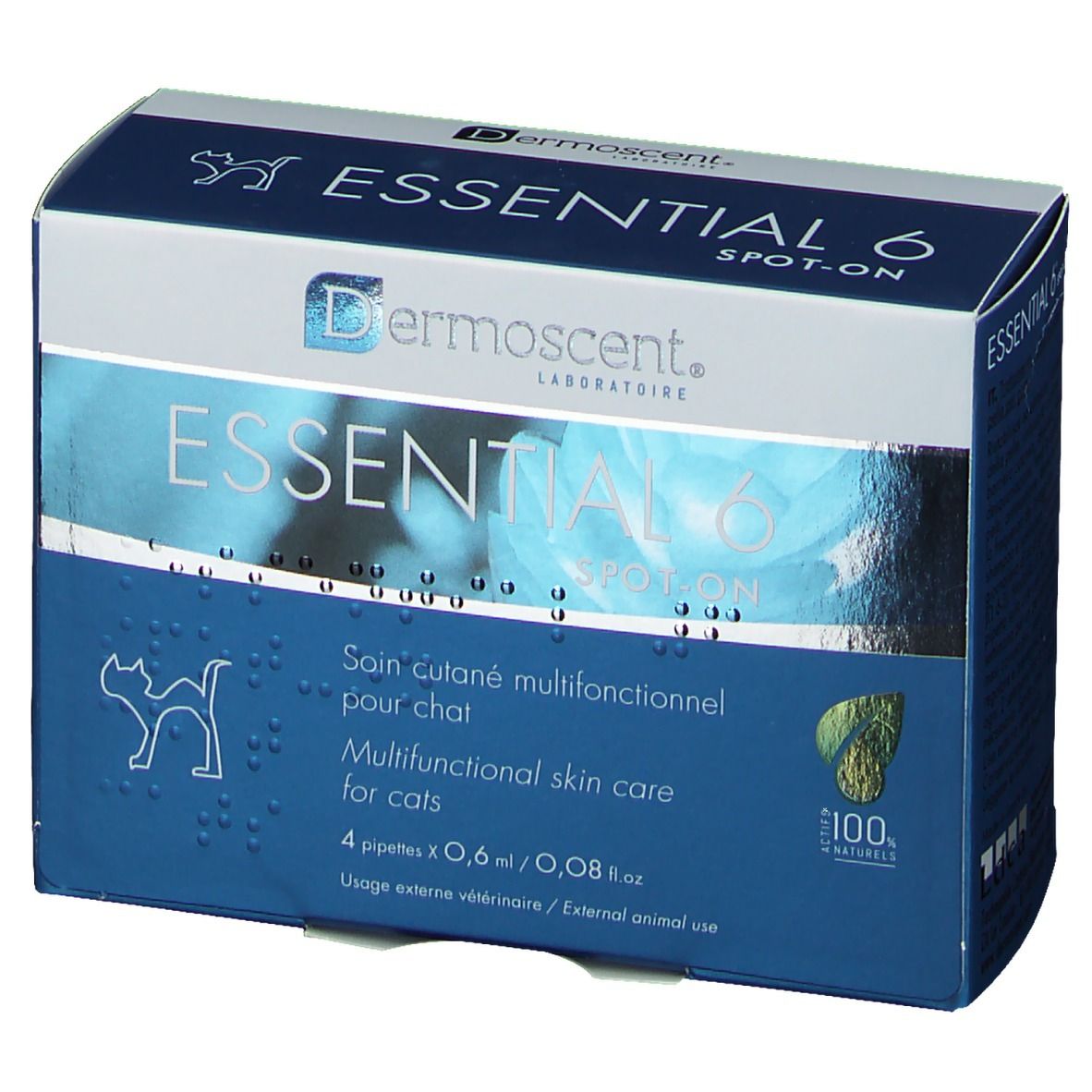 Schachtel "ESSENTIAL 6 SPOT-ON" für Katzen. Blaue und weiße Verpackung mit Produktinformationen und Logo.