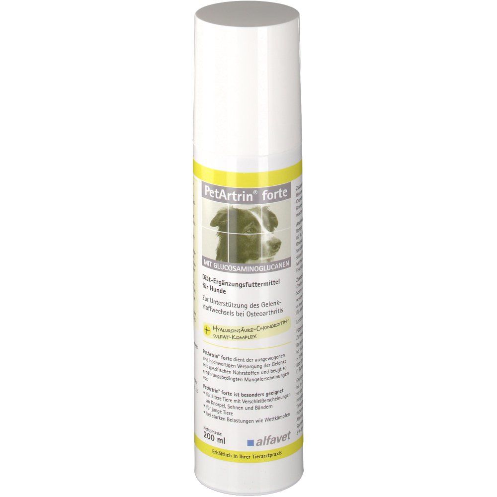 Weiße Flasche mit gelbem Band. Aufschrift: PetArtrin® forte. Produkt für Hunde. Mit Glucosamin, Chondroitin, Hyaluronsäure.