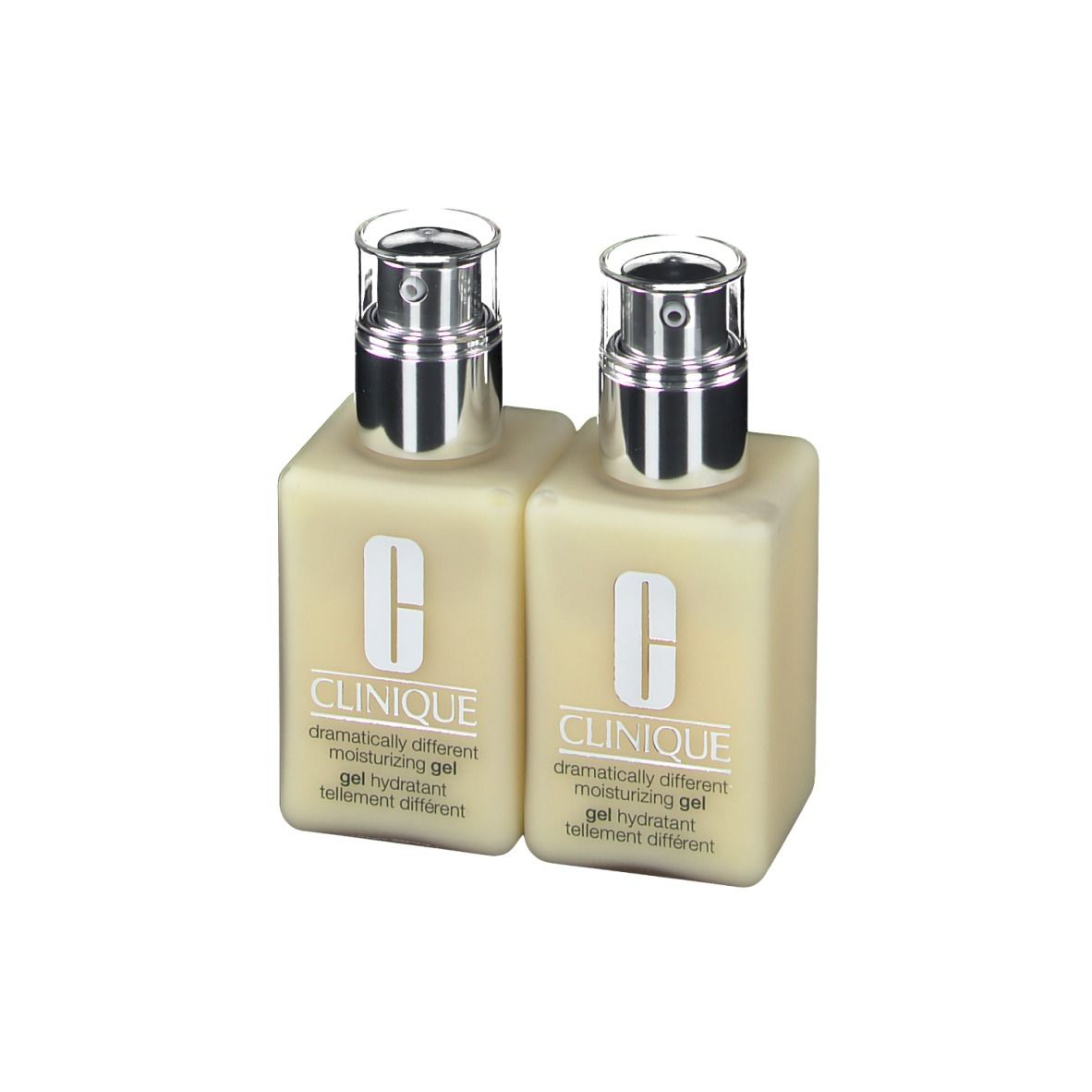 Zwei quadratische Flaschen mit silbernen Pumpaufsätzen. Auf jeder Flasche steht CLINIQUE und "dramatically different moisturizing gel".